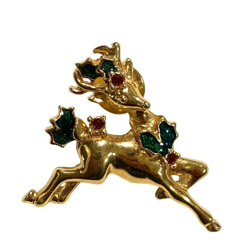 Avon Vintage Reindeer Pin Brooch Gold Tone With Red & Green Enamel Accents - Picture 1 of 6